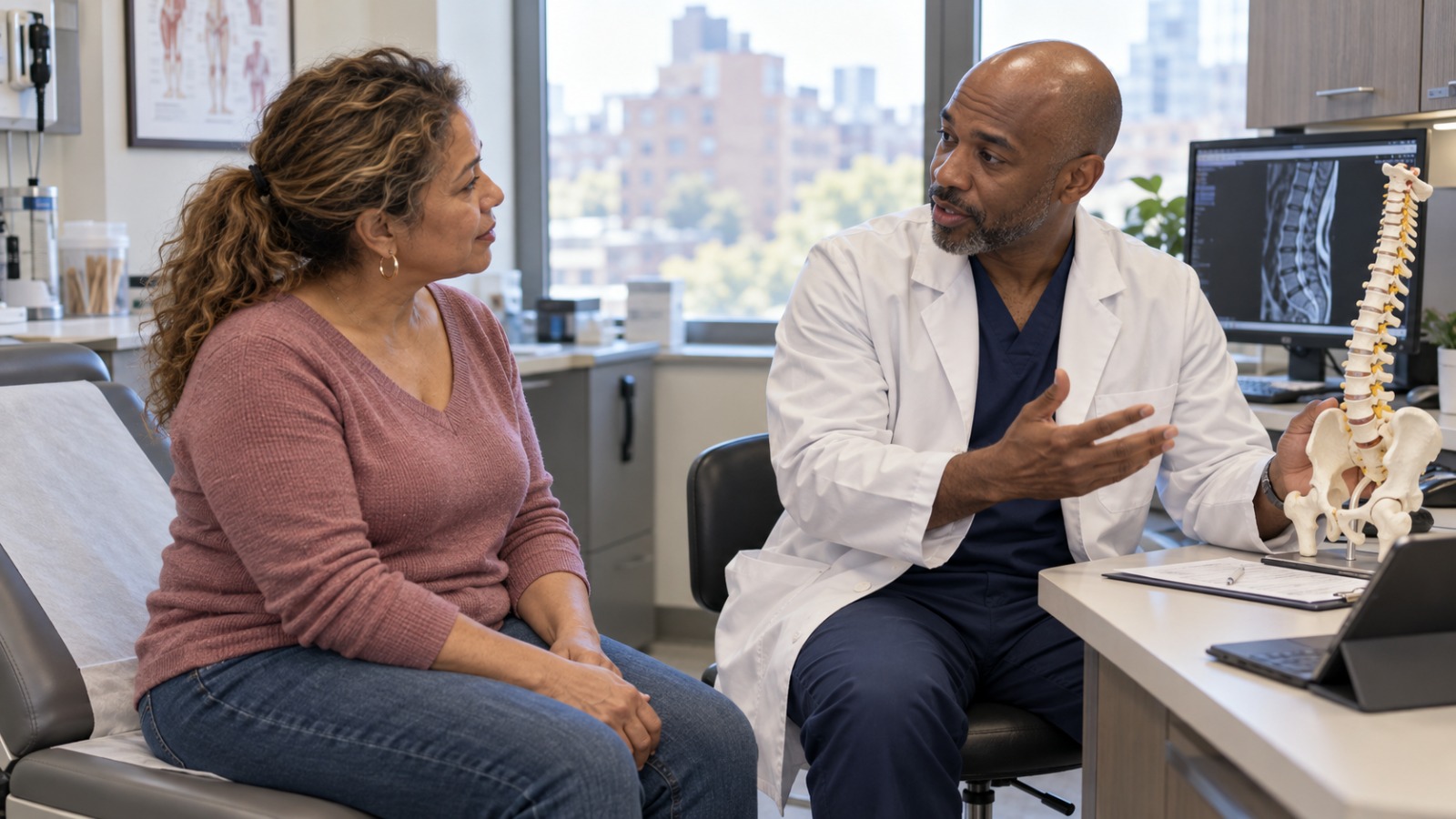 Doctor explaining a spine model to a patient during a consultation