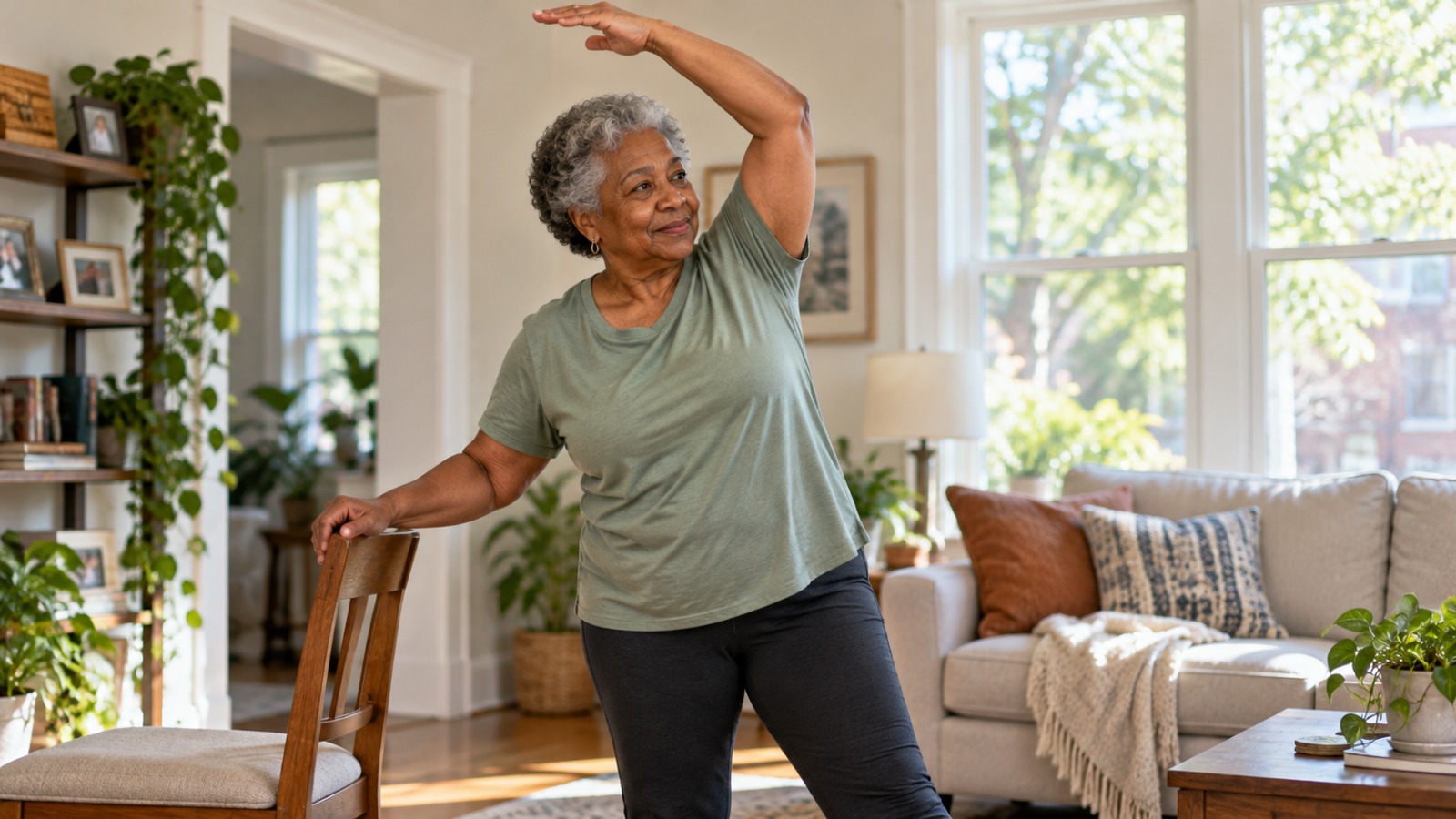 Older woman stretching at home with a chair for support