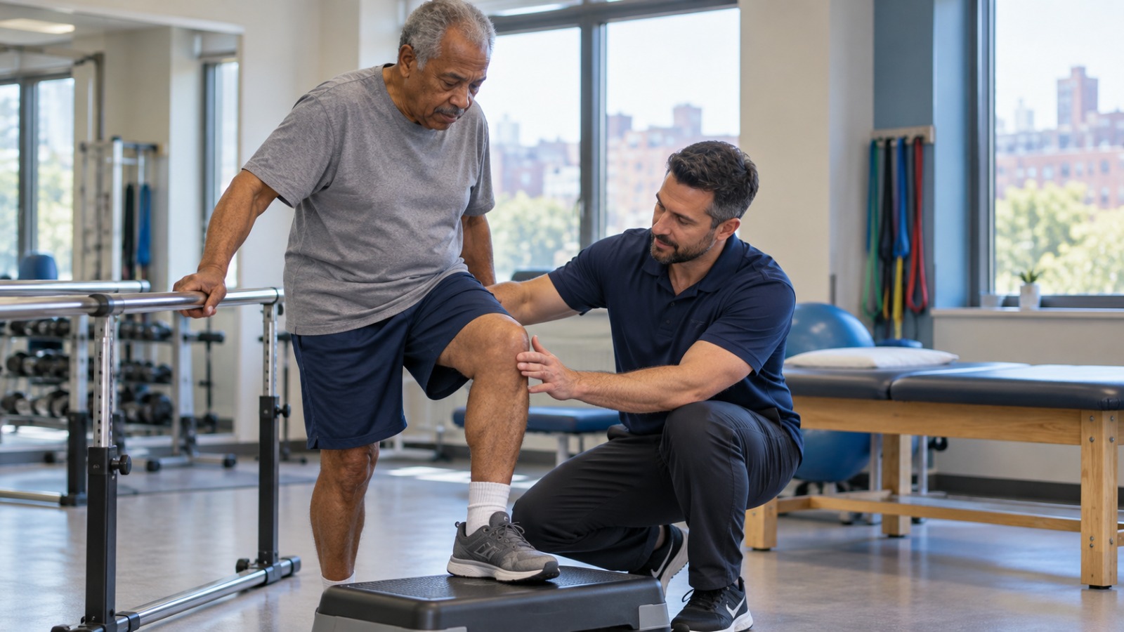 Physical therapist guiding an older man through a knee rehabilitation exercise