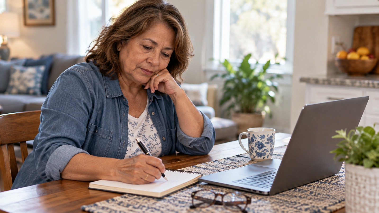 Woman writing notes in a notebook beside her laptop
