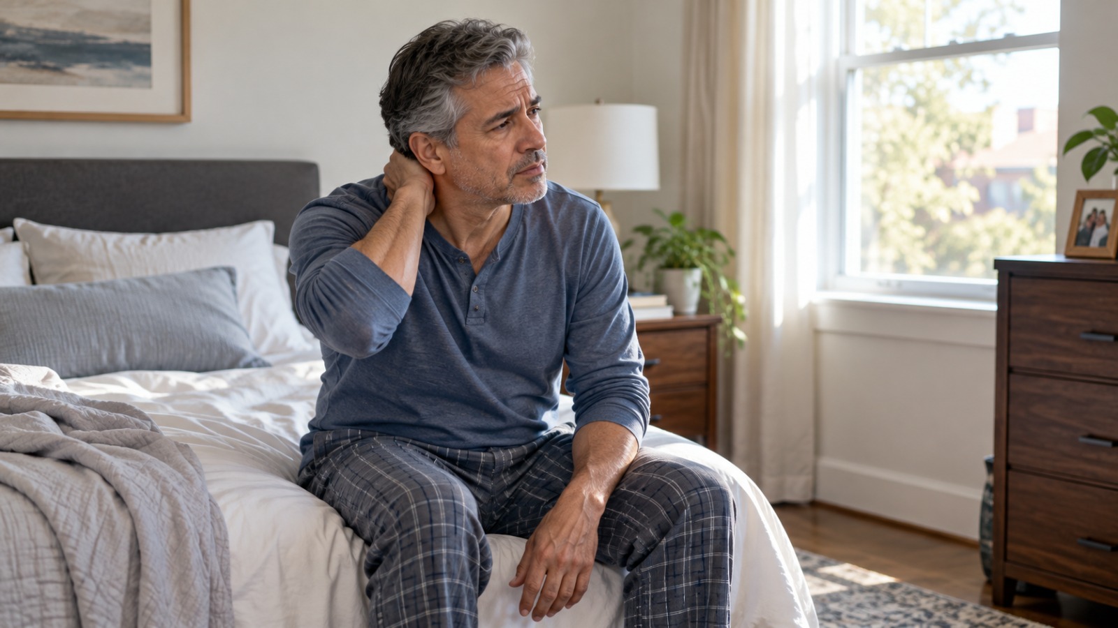 Man holding the back of his neck while sitting on a bed